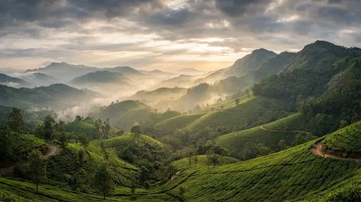 Mist-covered tea hills around Nuwara Eliya