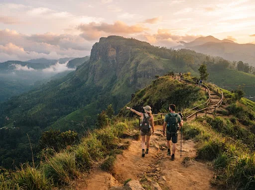Hikers along Little Adam's Peak ridge trail at golden hour