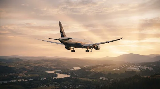 A passenger airplane on approach at golden hour