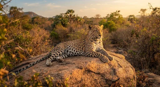 A Sri Lankan leopard resting on a rock in Yala National Park
