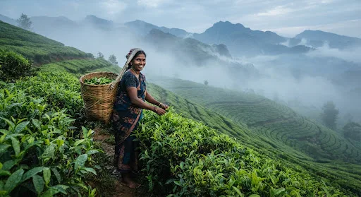 A tea plucker with a basket smiling on a misty hillside tea estate