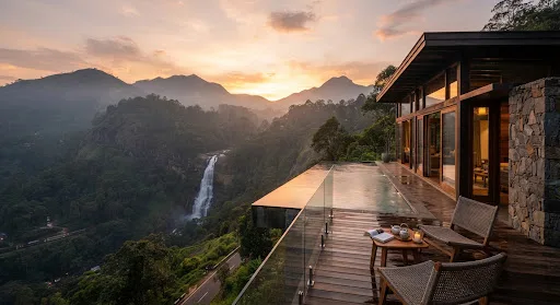 Glass-edged chalet deck facing a waterfall and mountains at sunset