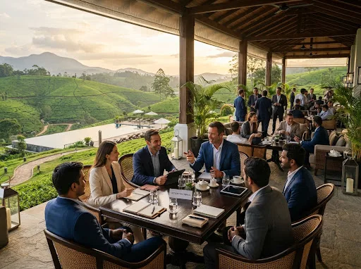 Guests dining on an open-air veranda overlooking lush tea estates