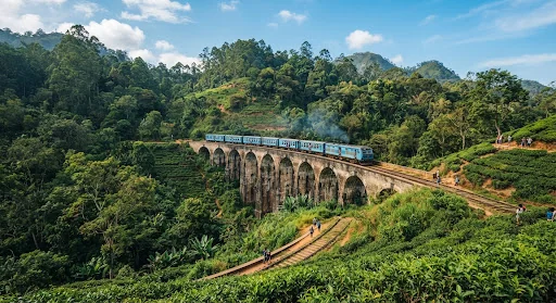 A blue train crossing the Nine Arch Bridge in Ella