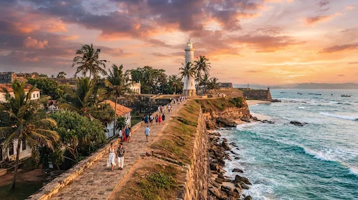 Galle Fort lighthouse and ramparts at sunset