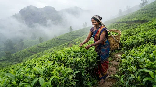 A tea plucker at work on a misty highland estate