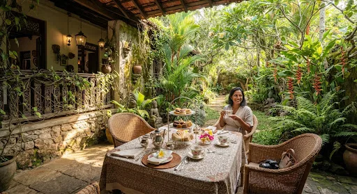 High tea laid out on a garden veranda surrounded by tropical plants