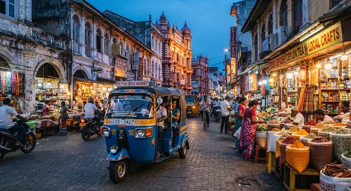 A tuk-tuk on a busy Colombo market street lit up at night