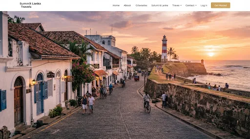 A colonial street in Galle Fort leading to the lighthouse at sunset