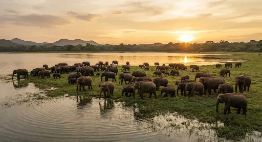 Hundreds of elephants grazing on a lakebed at sunset