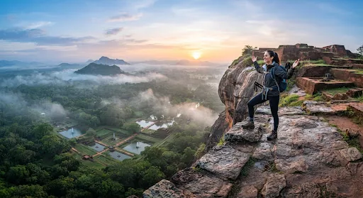 A traveller on a rocky summit above a misty valley at dawn