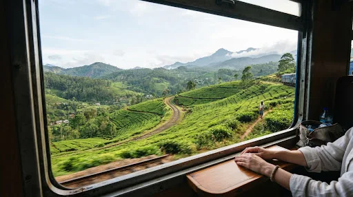 Tea hills seen through the open window of a train carriage