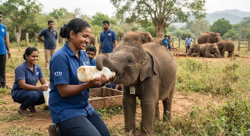 A keeper bottle-feeding a young elephant