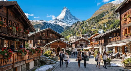 The Matterhorn above the wooden chalets of Zermatt