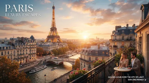 The Eiffel Tower above Paris rooftops at sunset