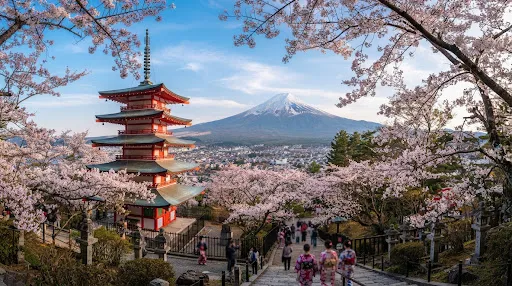 A red pagoda and cherry blossoms beneath Mount Fuji