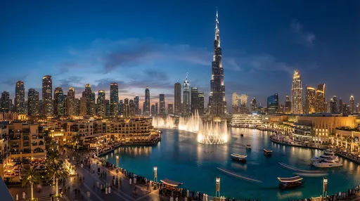 The Burj Khalifa and Dubai skyline lit up at night