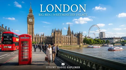 Big Ben and a red London bus beside the Thames
