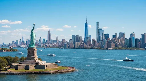 The Statue of Liberty in front of the Manhattan skyline